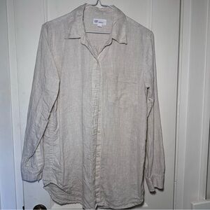 Gap Boyfriend Fit 100% Linen Button Down Collared Beige Shirt, Oversized Sz XS
